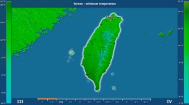 Aya göre minimum sıcaklığı animasyonlu gösterge - İngilizce etiketleri Tayvan bölge: ülke ve sermaye adları, açıklama göster. Sterografik projeksiyon