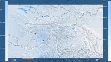 Animasyonlu efsanesi - parlayan şekli, idari sınırları, ana şehirler, sermaye ile Tacikistan alan yağış aya göre. Sterografik projeksiyon