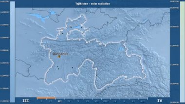 Aya göre güneş radyasyonu animasyonlu efsanesi - İngilizce etiketleri ile Tacikistan alanında: ülke ve sermaye adları, açıklama göster. Sterografik projeksiyon