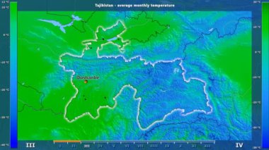 Ortalama sıcaklık ay tarafından animasyonlu efsanesi - İngilizce etiketleri ile Tacikistan alanında: ülke ve sermaye adları, açıklama göster. Sterografik projeksiyon