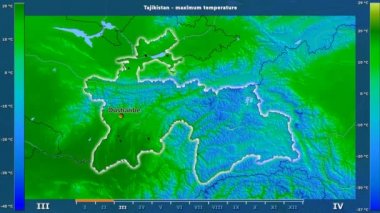 Aya göre maksimum sıcaklık animasyonlu efsanesi - İngilizce etiketleri ile Tacikistan alanında: ülke ve sermaye adları, açıklama göster. Sterografik projeksiyon