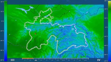 Animasyonlu efsanesi - parlayan şekli, idari sınırları, ana şehirler, sermaye ile Tacikistan alanında maksimum sıcaklık aya göre. Sterografik projeksiyon