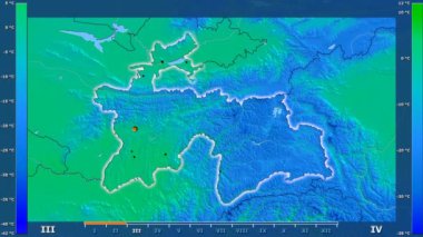 Animasyonlu efsanesi - parlayan şekli, idari sınırları, ana şehirler, sermaye ile Tacikistan alanında minimum sıcaklığı aya göre. Sterografik projeksiyon