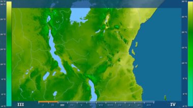 Animasyonlu efsanesi - ham renk shader ile Tanzanya alanında ortalama sıcaklık aya göre. Sterografik projeksiyon