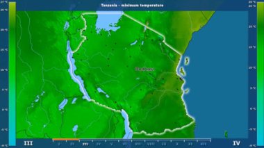 Tanzanya alanda animasyonlu gösterge - İngilizce etiketleri ile aya göre minimum sıcaklığı: ülke ve sermaye adları, açıklama göster. Sterografik projeksiyon