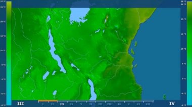 Animasyonlu efsanesi - ham renk shader ile Tanzanya alanında minimum sıcaklığı aya göre. Sterografik projeksiyon