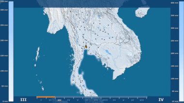 Animasyonlu gösterge - parlayan şekli, idari sınırları, ana şehirler, sermaye ile Tayland bölgede yağış aya göre. Sterografik projeksiyon