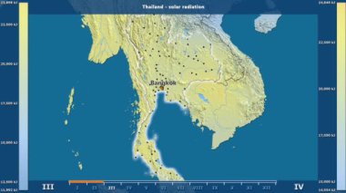 Aya göre güneş radyasyonu animasyonlu efsanesi - İngilizce etiketleri ile Tayland alanında: ülke ve sermaye adları, açıklama göster. Sterografik projeksiyon