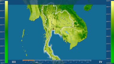 Animasyonlu efsanesi - parlayan şekli, idari sınırları, ana şehirler, sermaye ile Tayland alanında ortalama sıcaklık aya göre. Sterografik projeksiyon