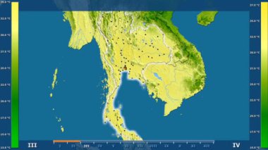 Animasyonlu efsanesi - parlayan şekli, idari sınırları, ana şehirler, sermaye ile Tayland alanında maksimum sıcaklık aya göre. Sterografik projeksiyon