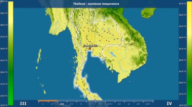 Aya göre maksimum sıcaklık animasyonlu efsanesi - İngilizce etiketleri ile Tayland alanında: ülke ve sermaye adları, açıklama göster. Sterografik projeksiyon