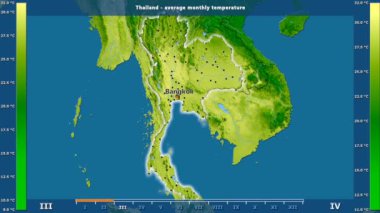 Ortalama sıcaklık ay tarafından animasyonlu efsanesi - İngilizce etiketleri ile Tayland alanında: ülke ve sermaye adları, açıklama göster. Sterografik projeksiyon