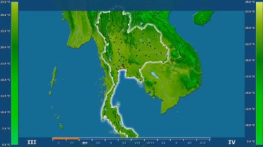 Animasyonlu efsanesi - parlayan şekli, idari sınırları, ana şehirler, sermaye ile Tayland alanında minimum sıcaklığı aya göre. Sterografik projeksiyon