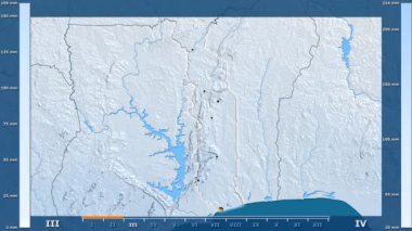Animasyonlu gösterge - parlayan şekli, idari sınırları, ana şehirler, sermaye ile Togo bölgede yağış aya göre. Sterografik projeksiyon