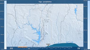 Togo alanı animasyonlu gösterge - İngilizce etiketleri ile aya göre Yağış: ülke ve sermaye adları, açıklama göster. Sterografik projeksiyon