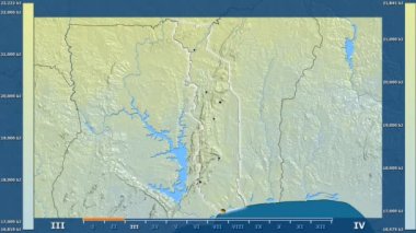 Togo alanda animasyonlu gösterge - parlayan şekli, idari sınırları, ana şehirler, sermaye ile güneş radyasyonu aya göre. Sterografik projeksiyon