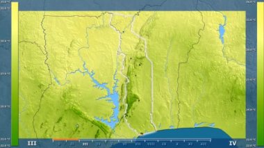 Togo alanda animasyonlu gösterge - parlayan şekli, idari sınırları, ana şehirler, sermaye ile ortalama sıcaklık aya göre. Sterografik projeksiyon