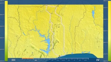 Togo alanda animasyonlu gösterge - parlayan şekli, idari sınırları, ana şehirler, sermaye ile maksimum sıcaklık aya göre. Sterografik projeksiyon