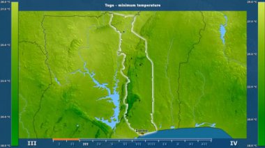 Togo alanda animasyonlu gösterge - İngilizce etiketleri ile aya göre minimum sıcaklığı: ülke ve sermaye adları, açıklama göster. Sterografik projeksiyon