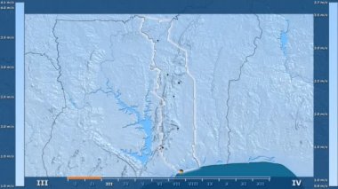 Hız Togo alanda animasyonlu gösterge - parlayan şekli, idari sınırları, ana şehirler, sermaye ile aya göre rüzgar. Sterografik projeksiyon