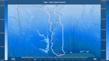 Togo alanda animasyonlu gösterge - İngilizce etiketleri ile aya göre su buhar basıncı: ülke ve sermaye adları, açıklama göster. Sterografik projeksiyon