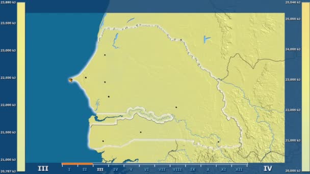 Solstrålning Månad Området Senegal Med Animerade Legend Glödande Form Administrativa — Stockvideo