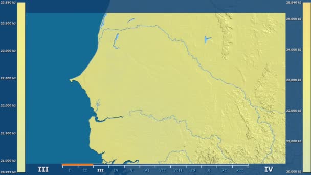 アニメーションの伝説 Raw カラー シェーダーをセネガル地区月別日射量 平射図法 — ストック動画