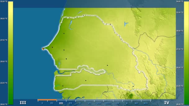 Průměrná Teplota Podle Měsíce Oblasti Senegalu Animovanou Legendou Zářící Tvar — Stock video