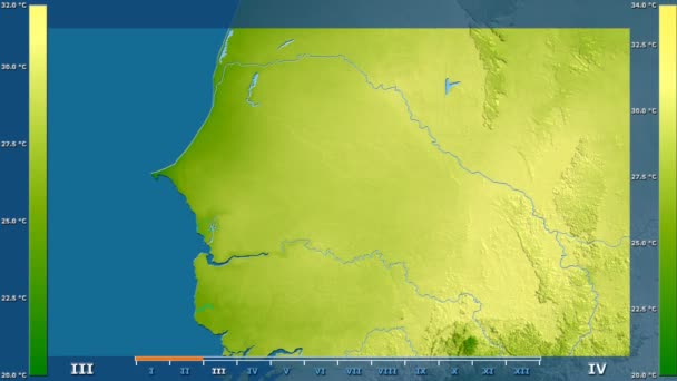 Durchschnittstemperatur Pro Monat Senegal Mit Animierter Legende Rohfarbiger Shader Stereografische — Stockvideo