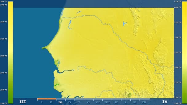 Maksymalna Temperatura Przez Miesiąc Obszarze Senegal Animowanych Legenda Raw Kolor — Wideo stockowe