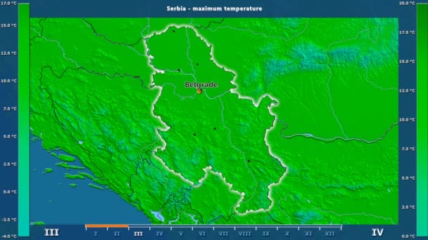 Maksymalna Temperatura Przez Miesiąc Terenie Serbii Animowanych Legenda Angielski Etykiety — Wideo stockowe