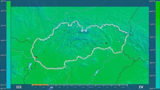斯洛伐克地区平均气温按月显示动画图例 发光的形状 行政边界 主要城市 球极投影 — 图库视频影像