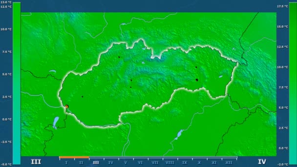 Maximální teplota podle měsíce v oblasti Slovenska s animovanou legendou - zářící tvar, administrativní hranice, hlavní města, hlavního města. Stereografická projekce