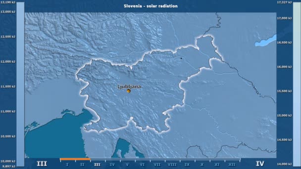 アニメーションの伝説 英語のラベルとスロベニア地域の月別日射の影響 国と首都名は マップの説明 平射図法 — ストック動画