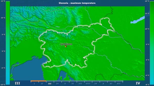 Temperatura Máxima Por Mês Área Eslovénia Com Legenda Animada Etiquetas — Vídeo de Stock