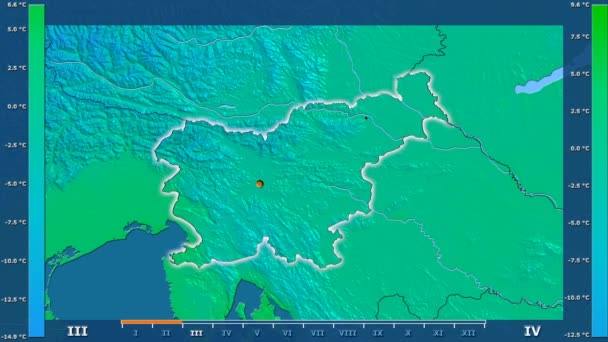 Minimalna Temperatura Przez Miesiąc Terenie Słowenii Legendą Animowane Świecące Kształt — Wideo stockowe