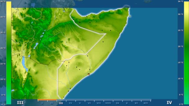 Середня Температура Місяцях Області Сомалі Анімованими Легендою Світяться Фігури Адміністративні — стокове відео