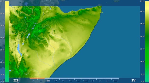 Середня Температура Місяцях Області Сомалі Анімованими Легендою Raw Колір Shader — стокове відео