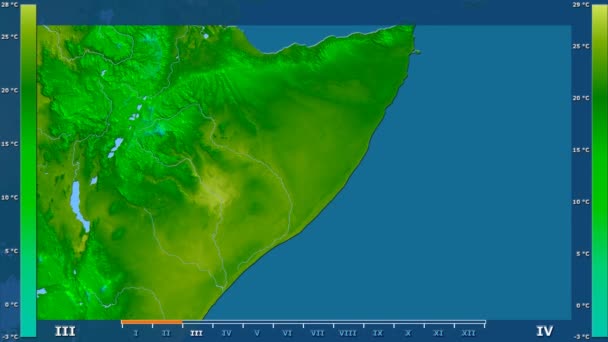 アニメーションの伝説 Raw カラー シェーダー ソマリア地域の月最低気温は 平射図法 — ストック動画