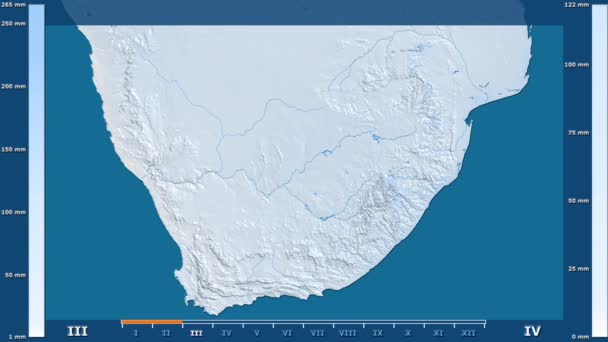 アニメーションの伝説 Raw カラー シェーダーを持つ南アフリカ共和国地方の月別降水量 平射図法 — ストック動画