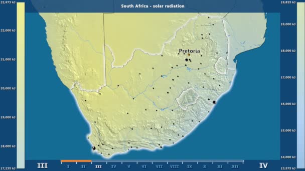 アニメーションの伝説 英語のラベルを持つ南アフリカ地区月別日射 国と首都名は マップの説明 平射図法 — ストック動画