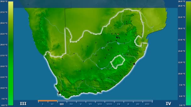 Medeltemperatur Månad Sydafrika Med Animerade Legend Glödande Form Administrativa Gränser — Stockvideo