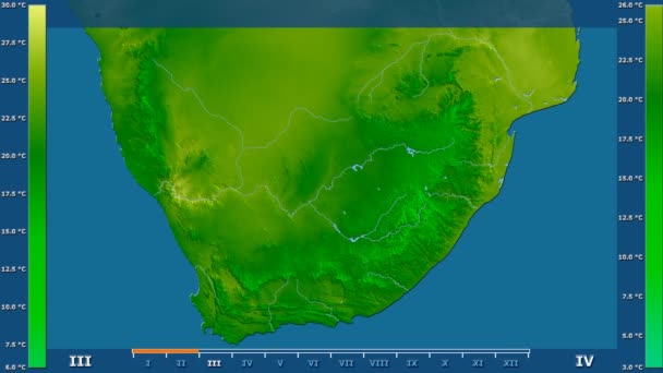 アニメーション伝説 Raw カラー シェーダー南アフリカ地域での月別平均気温は 平射図法 — ストック動画