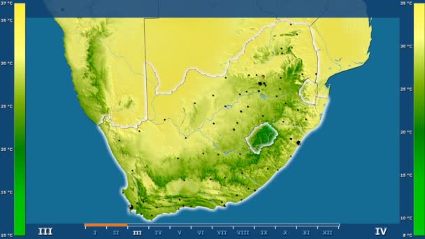 アニメーション伝説 管理上のボーダー 主要都市 首都を輝く南アフリカ地域の月別最高気温は 平射図法 — ストック動画