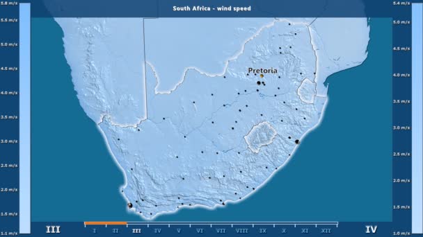 Vindens Hastighet Månad Sydafrika Med Animerade Legend Engelska Etiketter Landet — Stockvideo