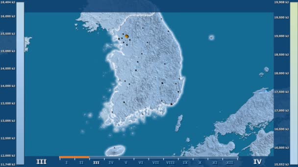 Solstrålning Månad Området Sydkorea Med Animerade Legend Glödande Form Administrativa — Stockvideo