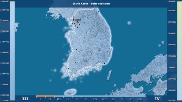 Radiación Solar Por Mes Área Corea Del Sur Con Leyenda — Vídeo de stock