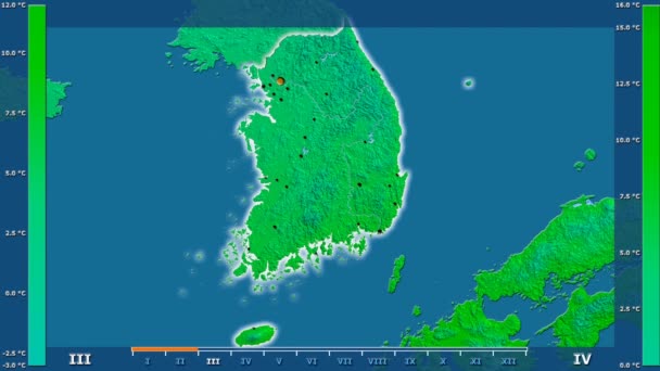 Keskimääräinen Lämpötila Kuukaudessa Etelä Korean Alueella Animoitu Legenda Hehkuva Muoto — kuvapankkivideo