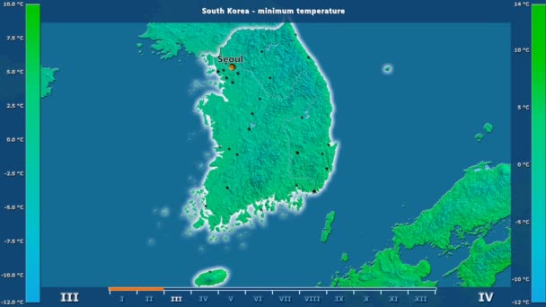 最低气温按月在南韩区域以动画传奇 英国标签 国家和资本名字 地图描述 球极投影 — 图库视频影像