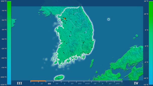 アニメーションの伝説 管理上のボーダー 主要都市 首都を輝く韓国エリアで月最低気温は 平射図法 — ストック動画